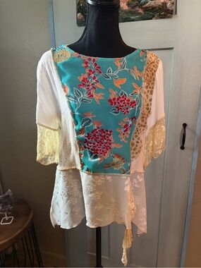 Floral Patchwork Boho Blouse in Teal & White Spencer Alexis